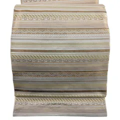 袋帯 秀品 縞 唐草 箔 金糸 クリーム 六通 正絹 【中古】