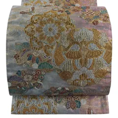 【美品】 袋帯 秀品 華文 向い鳥 金糸 箔 ピンクベージュ 六通 正絹 【中古】