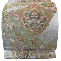 袋帯 秀品 天平裂双鳥紋 華文 金銀糸 箔 灰色 六通 正絹 【中古】