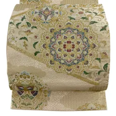 【美品】 袋帯 秀品 関西仕立て 華文 花唐草 金糸 箔 ベージュ 六通 正絹 【中古】