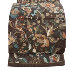 【美品】 袋帯 秀品 草花 鳥 茶紫 六通 正絹 【中古】