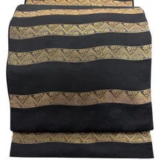 【美品】 袋帯 秀品 段縞 草花 箔 黒 六通 正絹 【中古】