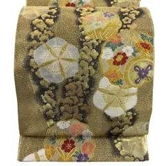 【美品】 袋帯 秀品 振袖向き 梅 草花 金銀糸 箔 金色 六通 正絹 【中古】