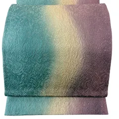 【美品】 袋帯 秀品 西陣織 幾何学模様 ぼかし柄 銀糸 青緑 全通 正絹 【中古】