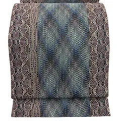 【美品】 袋帯 秀品 斜め格子 幾何学 金銀糸 灰紫 全通 正絹 【中古】