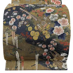 【美品】 袋帯 秀品 楽器 草花 金糸 箔 墨色 六通 正絹 【中古】