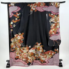 振袖 身丈172cm 裄丈68.5cm L 袷 桧扇 御所車 金糸 金彩 黒 正絹 秀品 【中古】