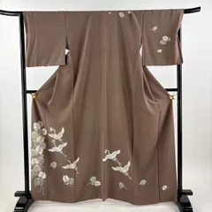 付下げ 身丈166.5cm 裄丈67.5cm L 袷 鶴 若松 金彩 焦茶色 正絹 秀品 【中古】