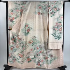 振袖 身丈161cm 裄丈64cm M 袷 草花 地紋 刺繍 銀彩 薄ピンク 正絹 秀品 【中古】