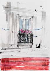 原画#264 黒猫 鳥 雨 パリ フランス 水彩画 ドローイング インテリア