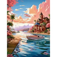 【売りつくしセール中】ダイヤモンド アートキット 【海辺の豪邸とボートの景色】 ラウンドビーズ　112