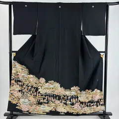 黒留袖 身丈157.5cm 裄丈63cm S 袷 落款 人物 枝花 金糸 刺繍 黒 正絹 秀品 【中古】
