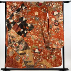 【美品】 振袖 身丈154cm 裄丈65.5cm M 袷 落款 鴛鴦 草花 金糸 金彩 赤茶 正絹 秀品 【中古】