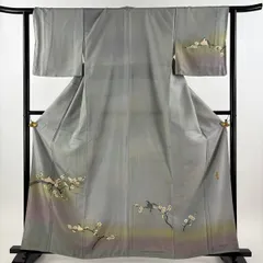 【美品】 付下げ 身丈160.5cm 裄丈62.5cm S 袷 紬地 落款 枝梅 鳥 ぼかし 青灰色 正絹 秀品 【中古】