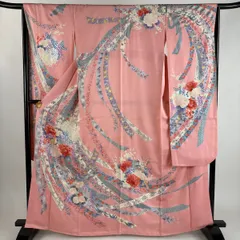 振袖 身丈163.5cm 裄丈66cm M 袷 束ね熨斗 牡丹 銀彩 ぼかし ピンク 正絹 秀品 【中古】