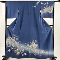 訪問着 身丈161cm 裄丈66cm M 袷 落款 草花 短冊 金彩 ぼかし 藍色 正絹 秀品 【中古】