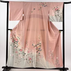 【美品】 訪問着 身丈156.5cm 裄丈63.5cm S 袷 落款 枝花 草花 染め分け ぼかし ピンク 正絹 秀品 【中古】