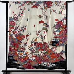 振袖 身丈155cm 裄丈61cm S 袷 風景 花鳥 縮緬 クリーム 正絹 名品 【中古】