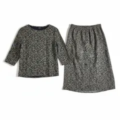 ローラアシュレイ Laura Ashley セットアップ カットソー ロングスカート ウエストゴム 小花柄 綿100％ ネイビー SMALLサイズ 985093