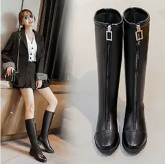 ロングブーツ レディース ブーツ 秋冬用 おしゃれ 黒 シンプル 大きいサイズ 痛くない 美脚 防寒 PU 新作 履きやすい ファスナー付き225588