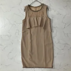 美品 Diagram ダイアグラム 切替 異素材 花柄 裏地付き レース フリル くるみボタン ジップ クルーネック ノースリーブ ひざ丈 ワンピース ベージュ