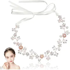 【在庫処分】和装 写真 ダンス パーティー 卒業式 撮影 発表会 披露宴 結婚式 子供 ヘアアクセサリー 花冠 クリスタルビーズ 大人用 ヘッドドレス ホワイト リボン (ローズゴールド 花かんむり パール 花 標準) ヘアバンド 髪飾り LeTradeJP