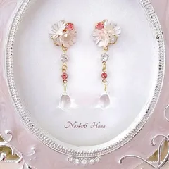 No.406　桜ピンク　ビジューとガラス　本物のお花のピアス　イヤリング