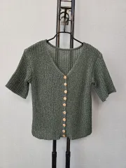 カーキ Vネック 夏 ゴージ ニット カーディガン