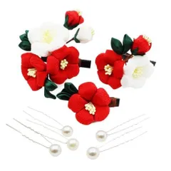 [JZOON] 髪飾り3点セット つまみ細工 【5色展開】 椿 カメリア 成人式 七五三 浴衣 袴 着物 振袖 和装 花 卒業式 結婚式 パール 手作り 赤 紫 ピンク 黄 オレンジ