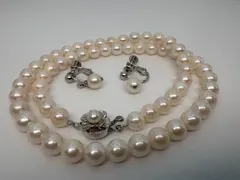 あこや本真珠 ネックレス イヤリング セット 約6.5〜6.7mm 約45cm 27.99g ホワイト系 SILVER刻印 花モチーフ留め具 パール 真珠 冠婚葬祭 フォーマル p11