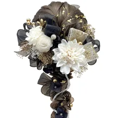 【数量限定】前撮り 成人式 ダリア アジサイ リボン 卒業式 入学式 髪飾 カスミ草 パールチェーン ローズ ホワイト ゴールド [Usasaki] ブラック レッド 結婚式 和装 ヘアアレンジA25110007