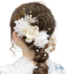 【数量限定】ゴールド 金 ZZ301 専用ケース付き 水引 ヘアアクセサリー あじさい かすみ草 プリザーブドフラワー 振袖 袴 着物 和装 結婚式 卒業式 和装小物 成人式 髪飾り [Baramoly]
