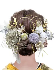 【新着商品】袴 振袖 和装 ヘッドドレス 金箔 結婚式 水引 卒業式 七五三 ドライフラワー タッセル ナチュラル ダリア 灰色 成人式 髪飾り DJJ09 [Doscpe]