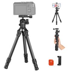 New NEEWER 50cm Tabletop Mini Tripod with Ball Head, Smartphone Holder, Remote Control, and 1/4" Screw, Carbon Fiber, Lightweight and Compact, for Camera, Travel, Selfie Sticks, DSLR Cameras, Smartphones, and Action Cameras, Max Load 5kg (TP09)
