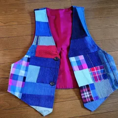 172☆USEDデニムリメイク☆ベスト☆Мサイズ☆パッチワーク☆リメイクデニム☆