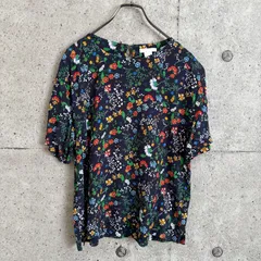 【USED】古着 H&M 花柄 ブラウス EUR36 フローラル 半袖 ネイビー レディース エイチアンドエム エレガント 女性 レーヨン 春夏 トップス カジュアル