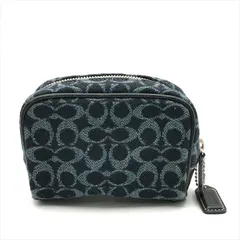良品 COACH コーチ シグネチャー キャンバス レザー ミニ ポーチ メイク コスメ 収納 チャーム付き ファッション小物 雑貨 ネイビー m15406