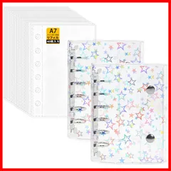 【特価商品】SONGSONG シール帳 2個 透明 女の子 5穴クリアバインダ はがせる シール手帳 クリアバインダー 小物整理 推し活グッズ （ホログラム星柄入りA7バインダー × 厚手PPフィルム(40枚入り)14.5*11CM）