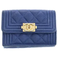 CHANEL (シャネル) ボーイシャネル 三つ折りコンパクトウォレット コインケース ブルー キャビアスキン ゴールド金具
