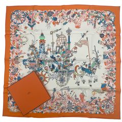 エルメス カレ90 四季の祭典 スカーフ シルク ネイビー×オレンジ
