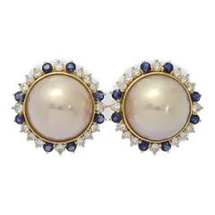 (ラスト1点) SA0.98ct/FD:0.94ct/マベ真珠/マベパール/サファイア/ダイヤモンド/イヤリング/K18YG/750-10.5g/イエローゴールド/プレゼント【♀】【S】【レディース】★■598495【中古】