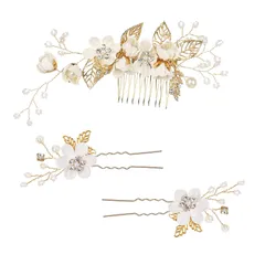 【数量限定】パール ヘアピン 和装髪飾り 3点セット 花 フラワー コーム ヘッドドレス Uピン ヘアピン ウェディング ヘアアクセサリー 成人式 七五三 パーティー 髪飾り 披露宴 卒業式 入学式 [PureSino] 和装 ヘアアクセサリー