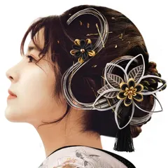 【新着商品】髪飾り 成人式 水引き 和装 袴 卒業式 [OTAKUMARKET] 着物 浴衣 髪 飾り コーム ヘアアクセサリー 金箔 ゴールド 黑 白 2カラー (黒 ゴールド)