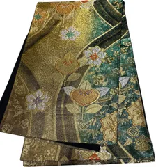 T-364　帯　振袖用袋帯　六通　絹　レディース　織帯　フォーマル　ゴールド×グリーン　成人式