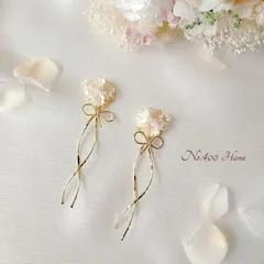 No.400　桜とリボンウェーブ　本物のお花のピアス　イヤリング