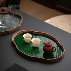 トレー 茶席 トレイ ガラス 胡桃の木 木製 お盆 昭和 おしゃれ インテリア 小物入れ 茶道具 急須受台 急須置き ガラス ティートレー お家カ
