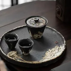 200ml 手工陶器 和風茶器 墨色茶杯 蓮花デザイン 茶道具