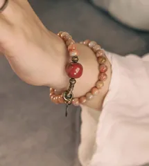 珊瑚石ダブルブレスレット｜真鍮アクセント｜一点一点手作り｜民族調レトロデザイン｜ユニセックス｜数量限定 一点もの ハンドメイド 手作り プレゼント おしゃれ 誕生日 ギフトにもおすすめ レトロデザイン  SGYP231