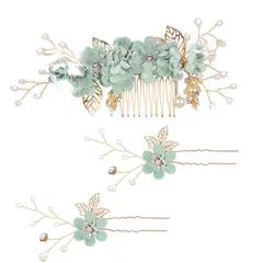 新品 髪飾り ヘアアクセサリー 花 髪 飾り 浴衣 3点セット 和装髪飾り パール フラワー コーム Uピン ヘアピン ヘア飾り 結婚式 お呼ばれ 和装用髪飾り ウェディング 成人式 七五三 披露宴 パーティー 卒業式 入学式 和装 (グリーン)