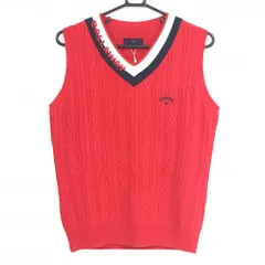 【新品】キャロウェイ ニットベスト レッド×ネイビー ケーブル編み ネックロゴ ウール混 レディース L ゴルフウェア Callaway